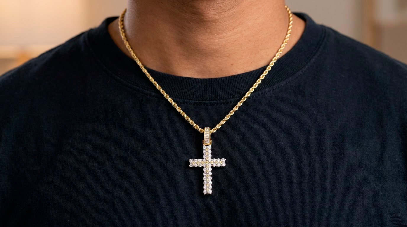 10k Gold Diamond Cross Pendant with Round Brilliant Pavé Design 0.95ct