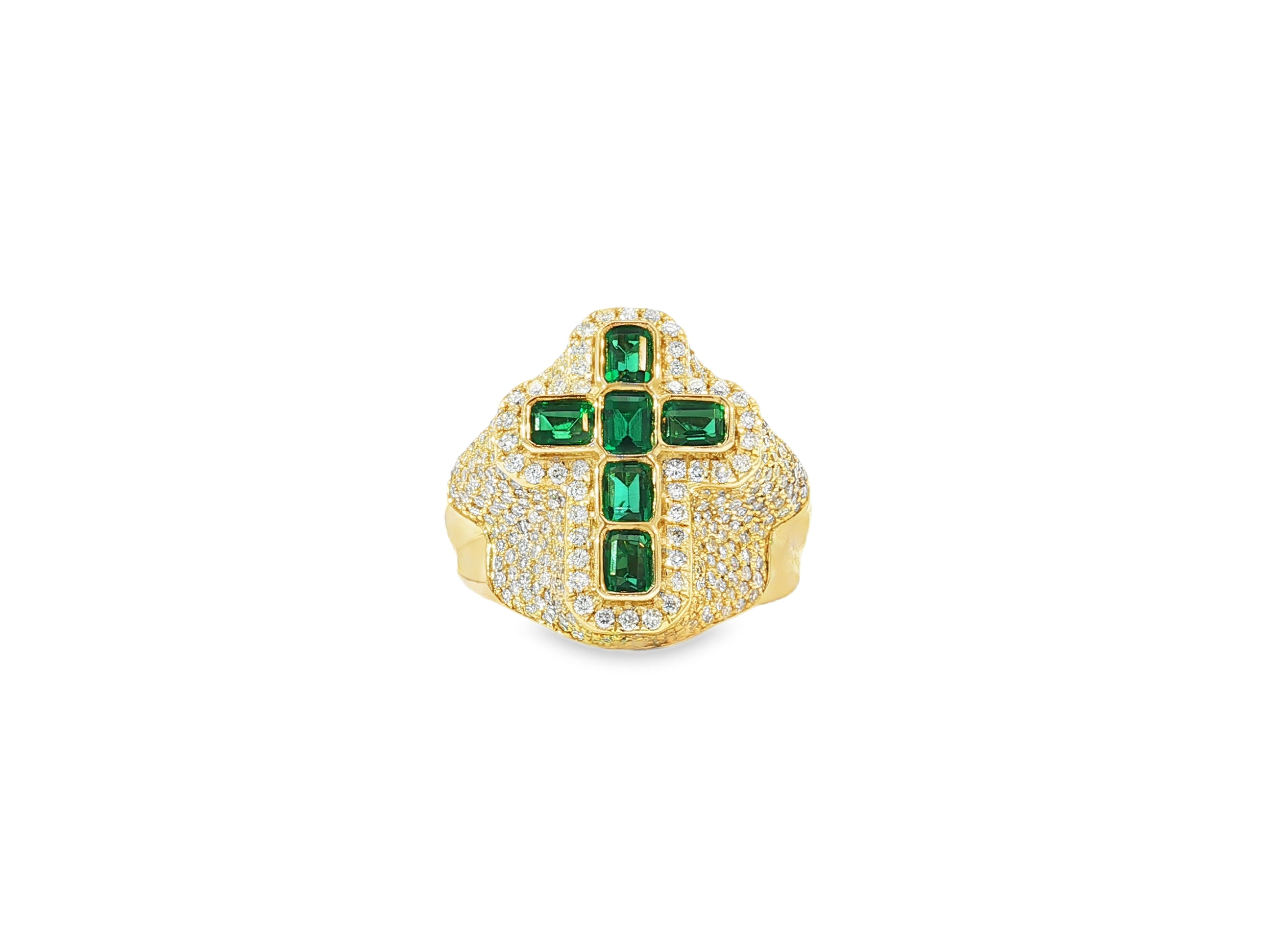 10k Gold Diamond Cross Ring with Emerald-Cut Green Stones 2.29 CT