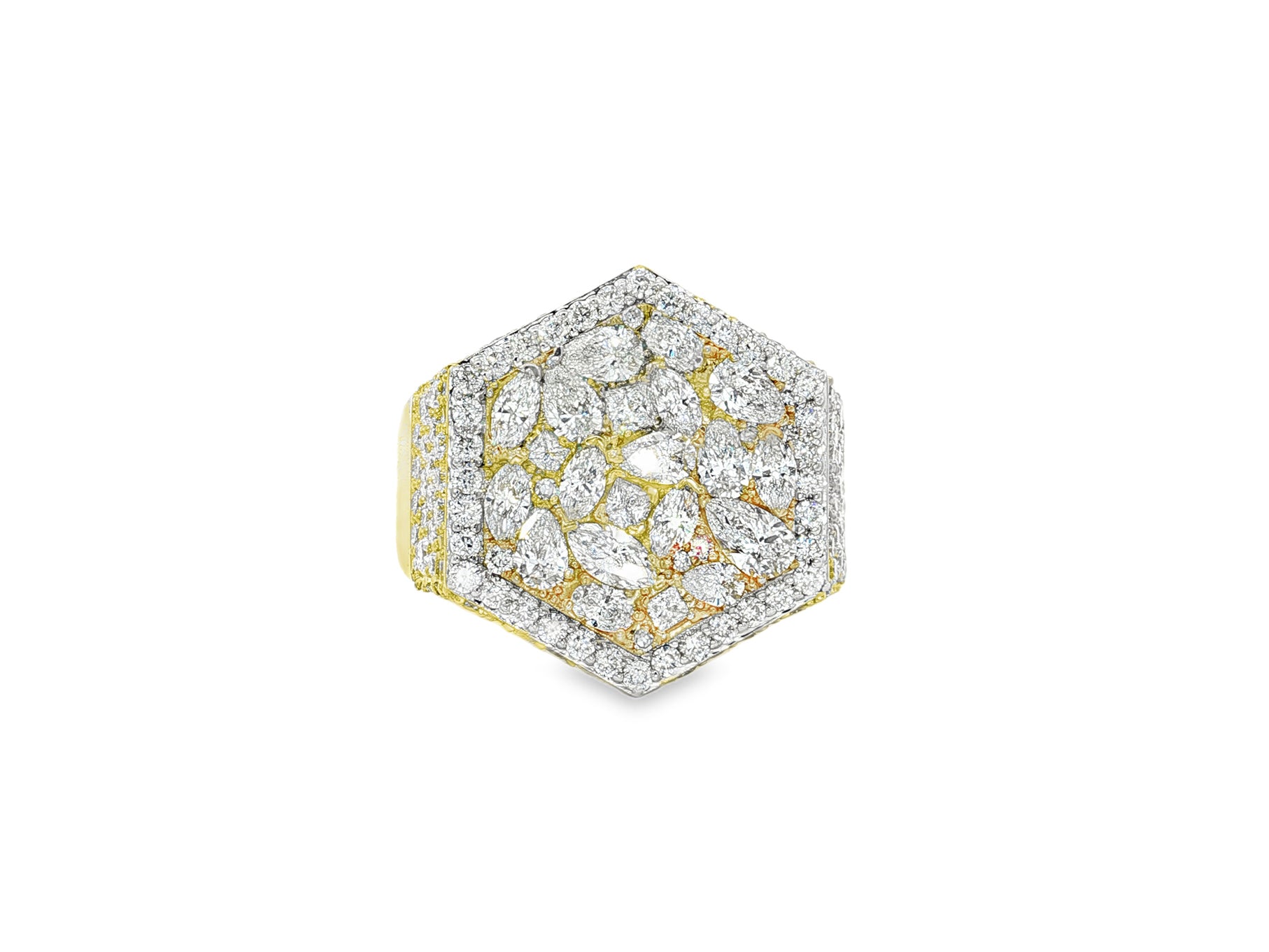 10k Gold Diamond Men's Hexagon Cluster Ring with Pavé Halo 3.80ct
