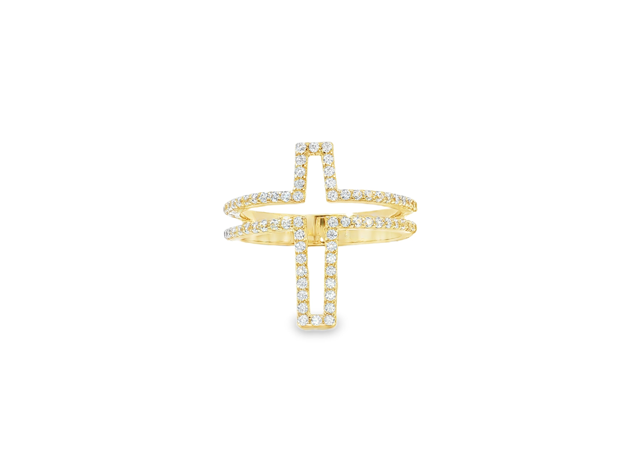10K Gold Open Cross Ring with Pavé Cubic Zirconia Accents