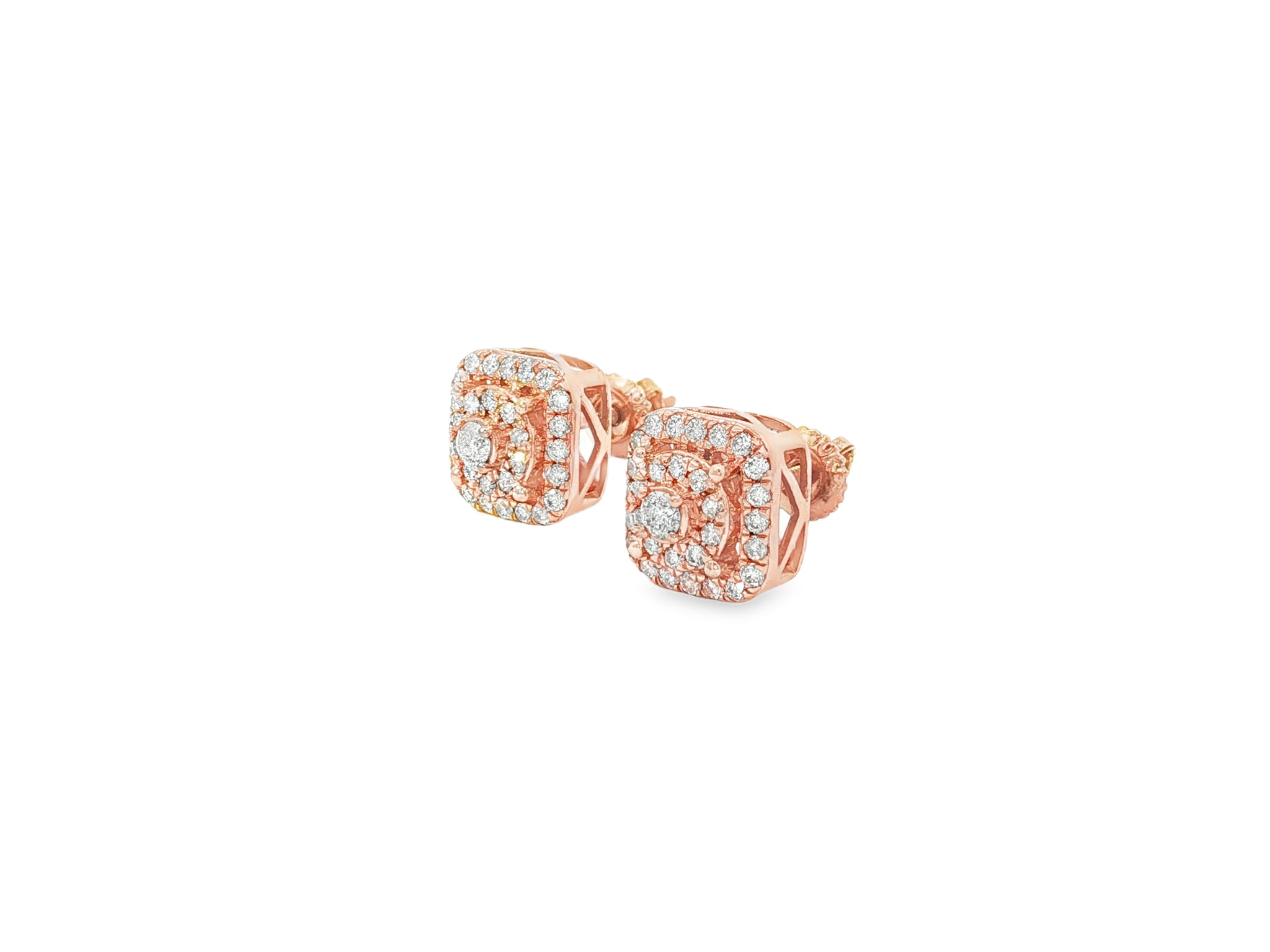 10K Gold Diamond Square Halo Stud Earrings with Pavé Accents 0.65 CT