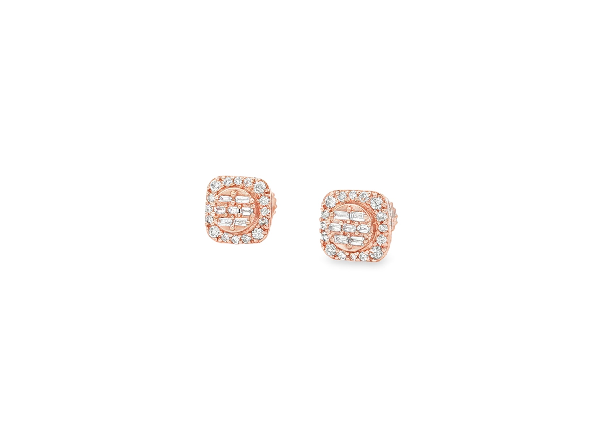 10K Gold Diamond Square Stud Earrings with Baguette & Pavé Accents 0.35 CT