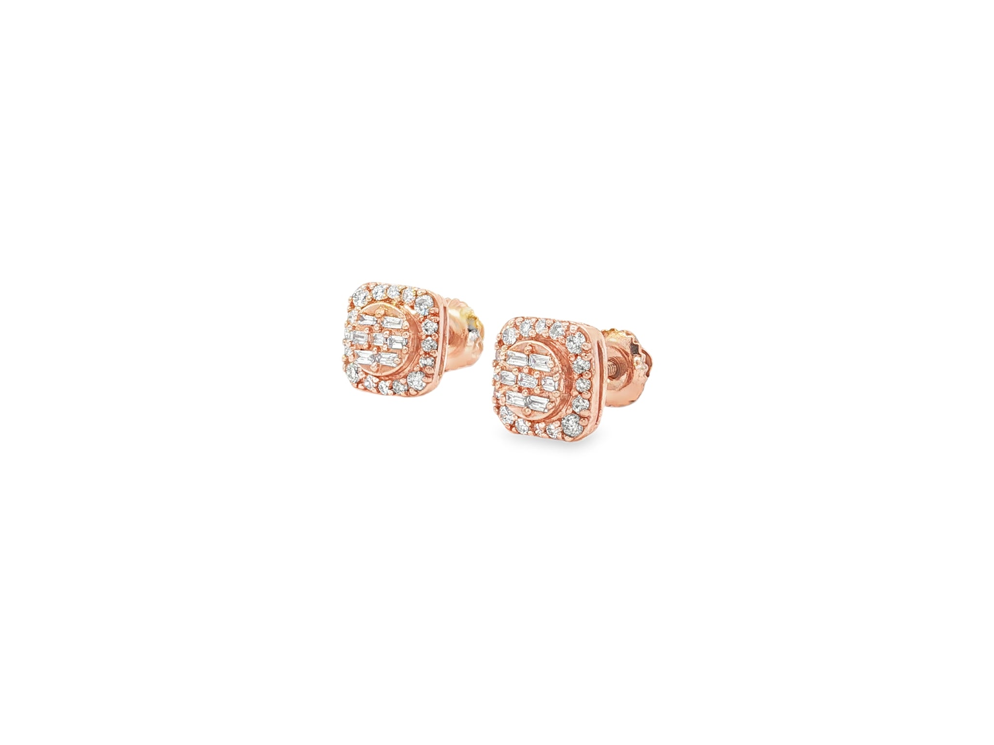 10K Gold Diamond Square Stud Earrings with Baguette & Pavé Accents 0.35 CT