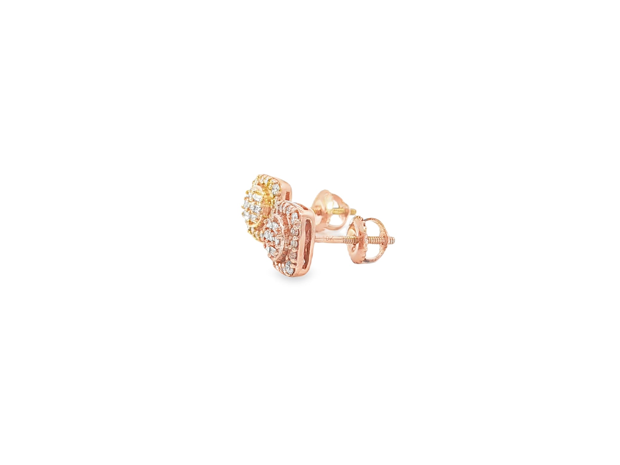 10K Gold Diamond Square Stud Earrings with Baguette & Pavé Accents 0.35 CT