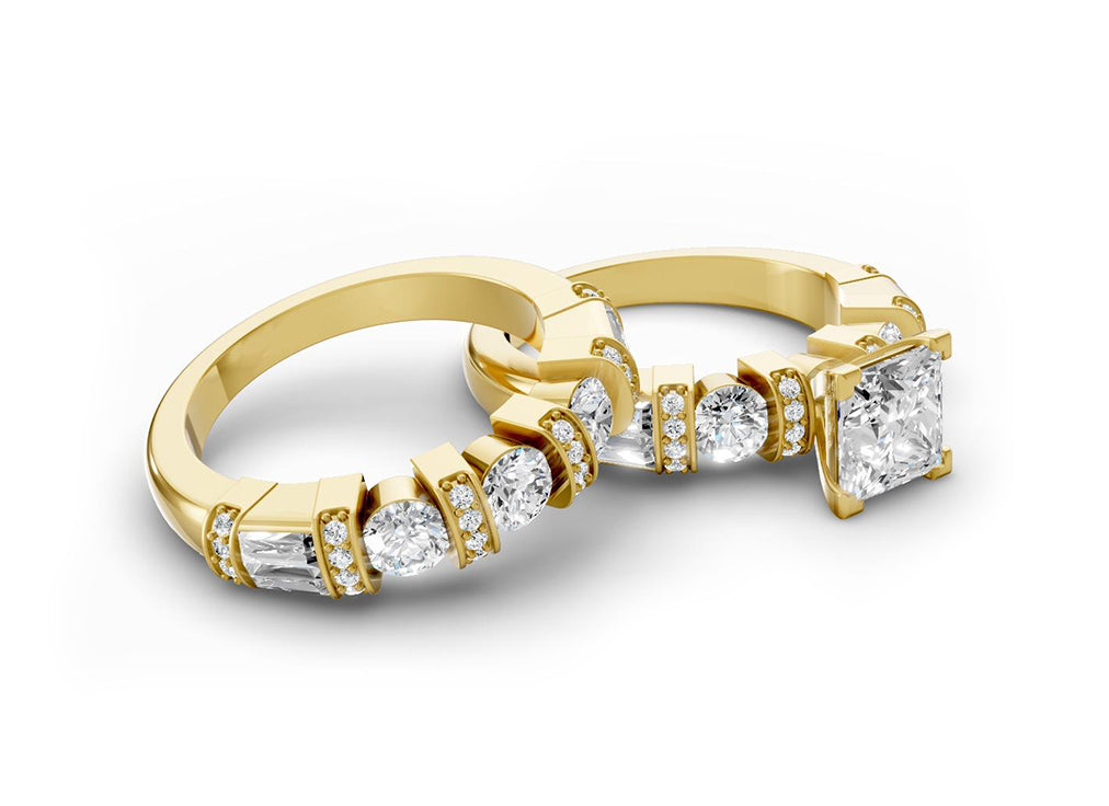 14K Gold Diamond Bridal Ring Set with Princess-Cut Center & Accent Bands 4.00ct
