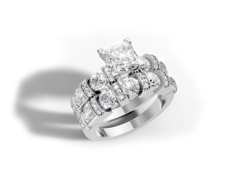 14K Gold Diamond Bridal Ring Set with Princess-Cut Center & Accent Bands 4.00ct