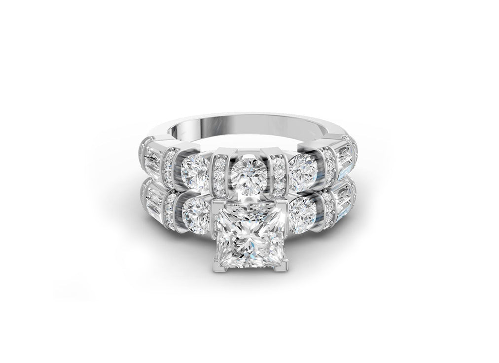 14K Gold Diamond Bridal Ring Set with Princess-Cut Center & Accent Bands 4.00ct