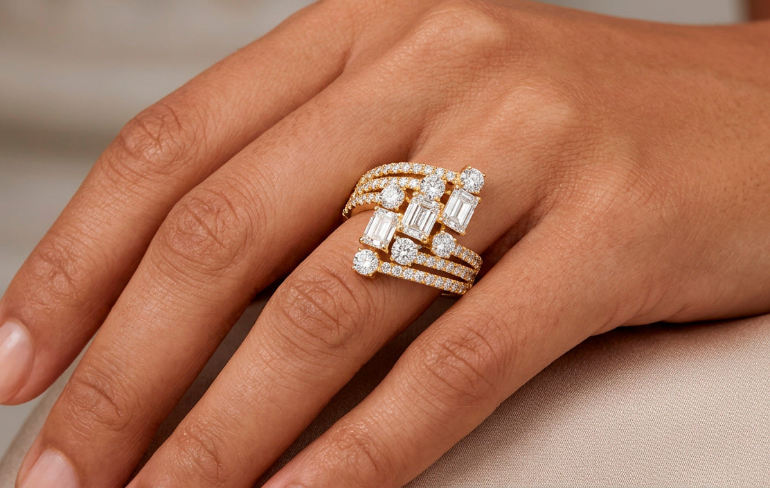 14K Gold Diamond Emerald & Round Multi Wrap Ring 2.65 CT