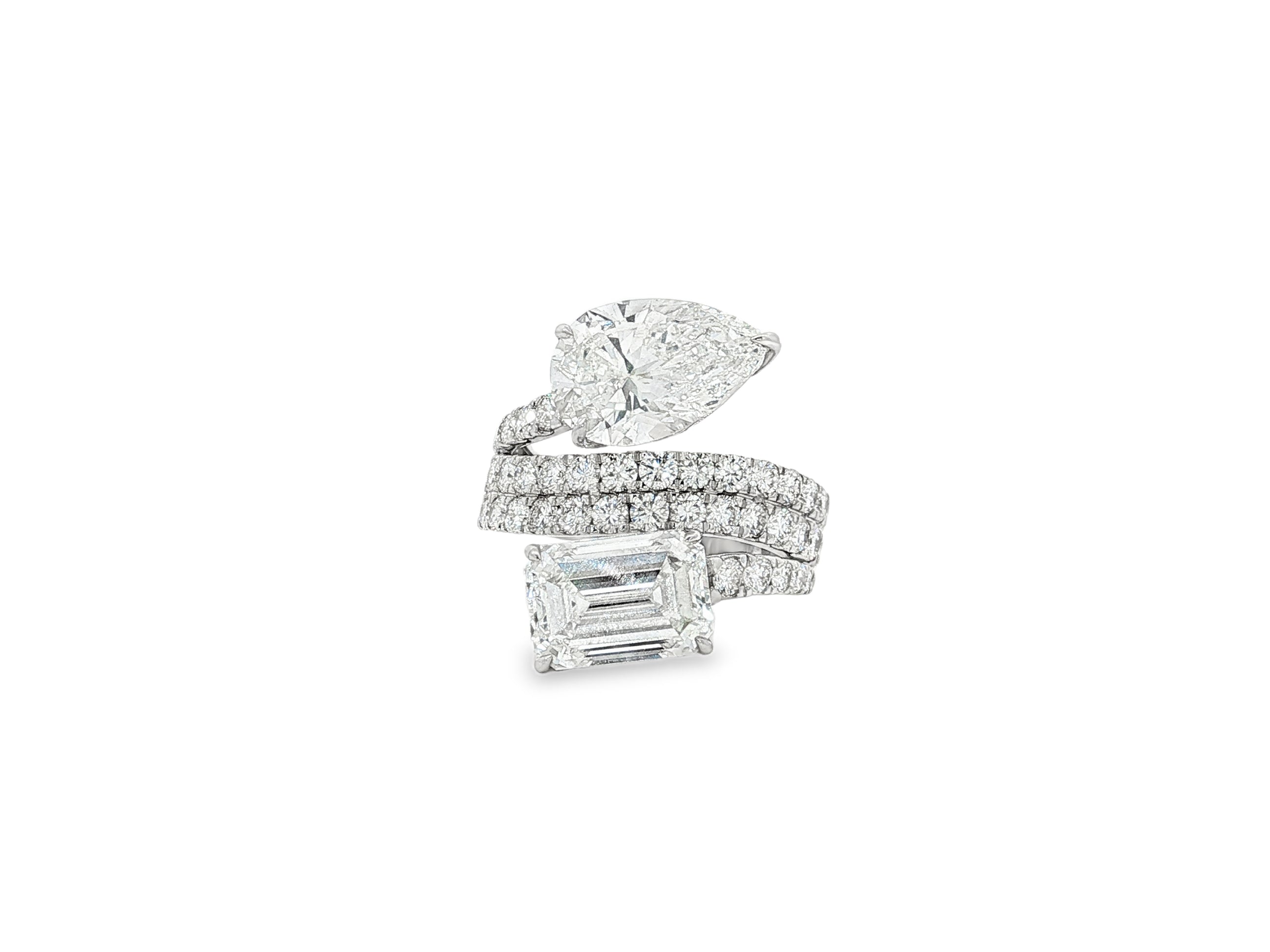 14K Gold Diamond Ring with Pear & Emerald-Cut Two-Stone Wrap Design 7.51ct
