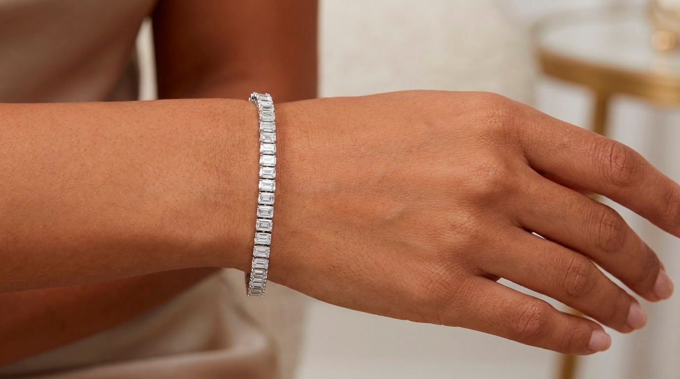 14K Gold Diamond Tennis Bracelet with Emerald-Cut Design 6.04ct