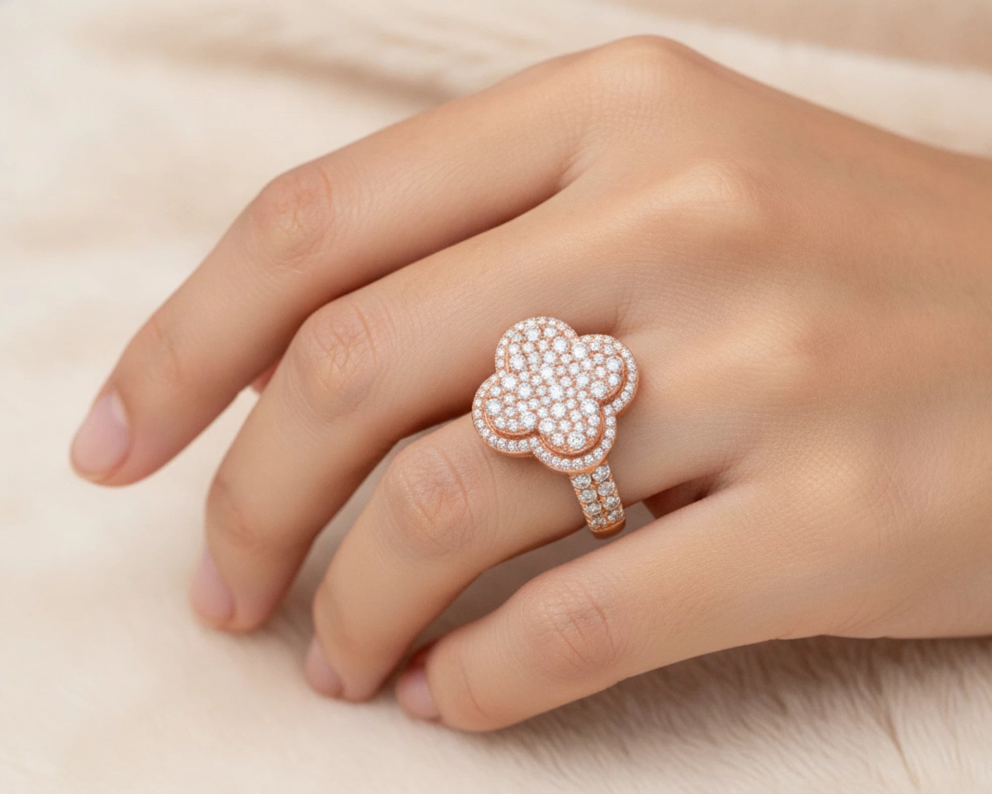 14k Gold Clover 3D Statement Ring with Round Diamonds 1.50ct – lifestyle 1435