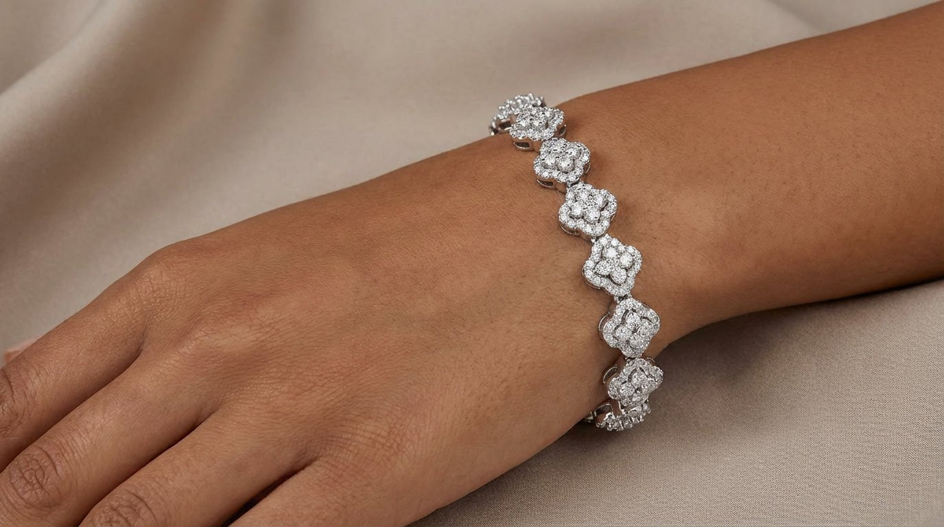 14k Gold Diamond Bracelet with Floral Round - Cut Cluster Design 3.76ct - AVI THE JEWELER