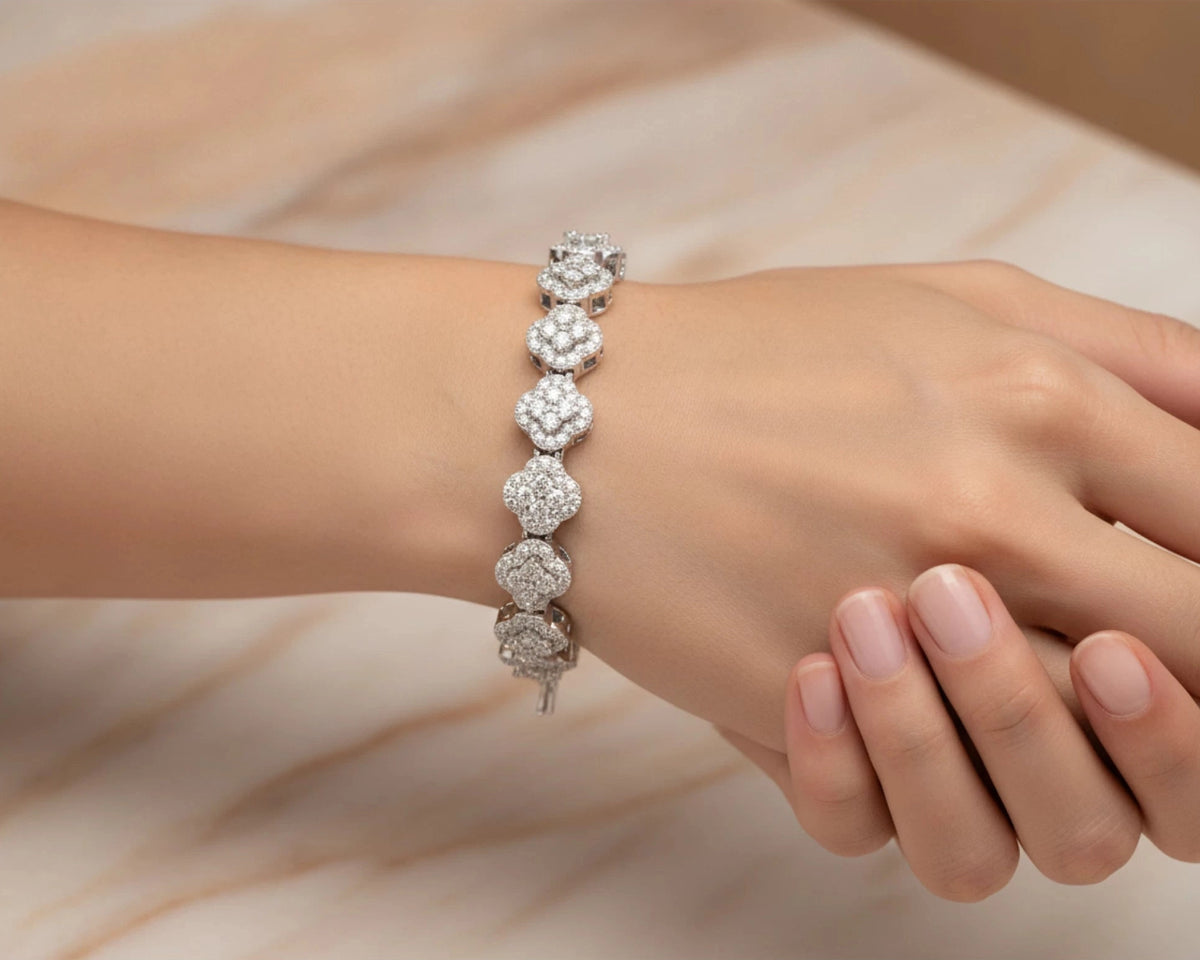 14k Gold Diamond Bracelet with Floral Round-Cut Cluster Design 3.76ct – lifestyle 4445