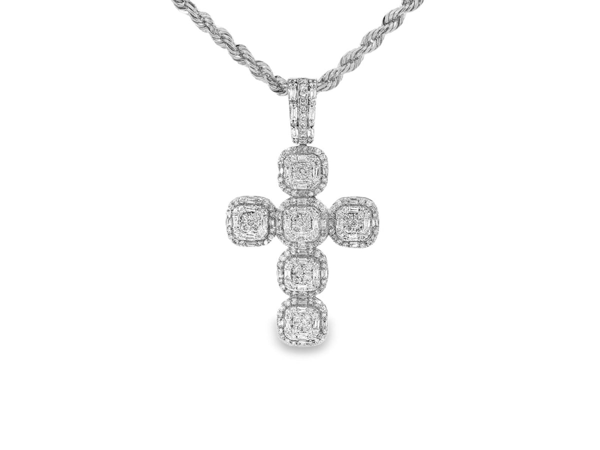 14k Gold Diamond Cross Pendant with Cushion - Shape Cluster Design 1.40ct - AVI THE JEWELER
