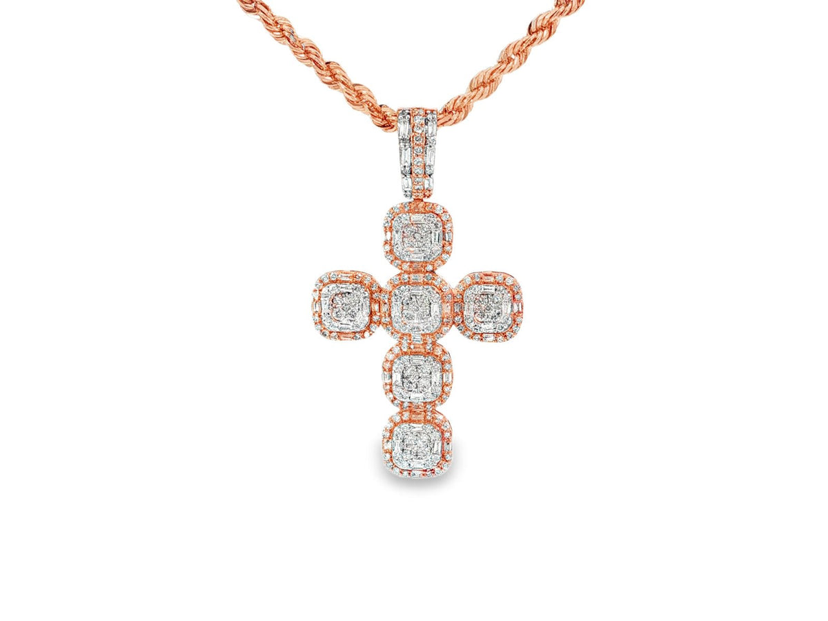 14k Gold Diamond Cross Pendant with Cushion - Shape Cluster Design 1.40ct - AVI THE JEWELER
