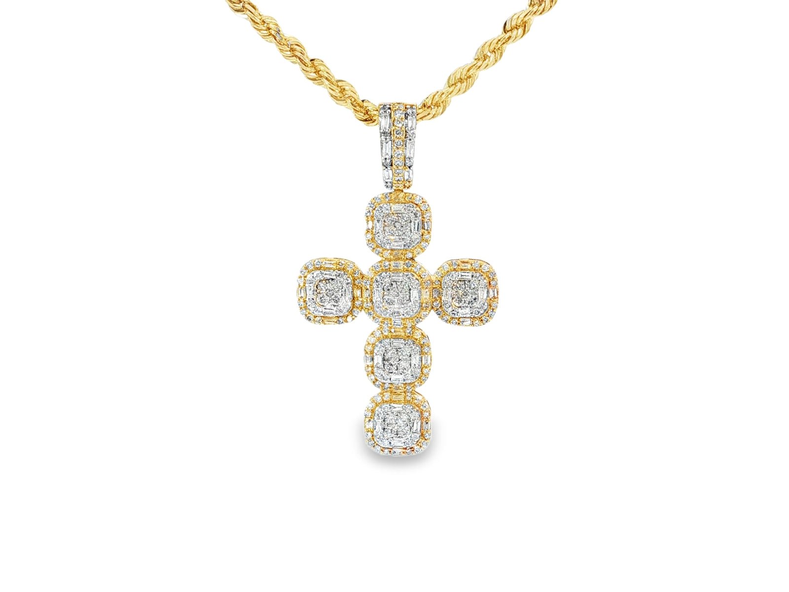 14k Gold Diamond Cross Pendant with Cushion - Shape Cluster Design 1.40ct - AVI THE JEWELER