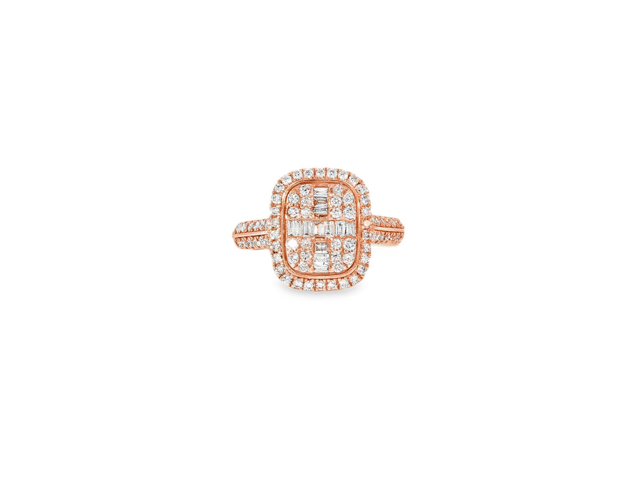 14k Gold Diamond Cushion Halo Ring with Round & Baguette 0.90ct - AVI THE JEWELER