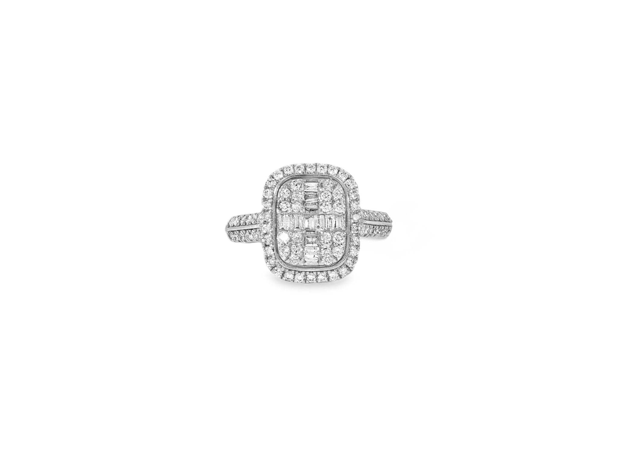 14k Gold Diamond Cushion Halo Ring with Round & Baguette 0.90ct - AVI THE JEWELER