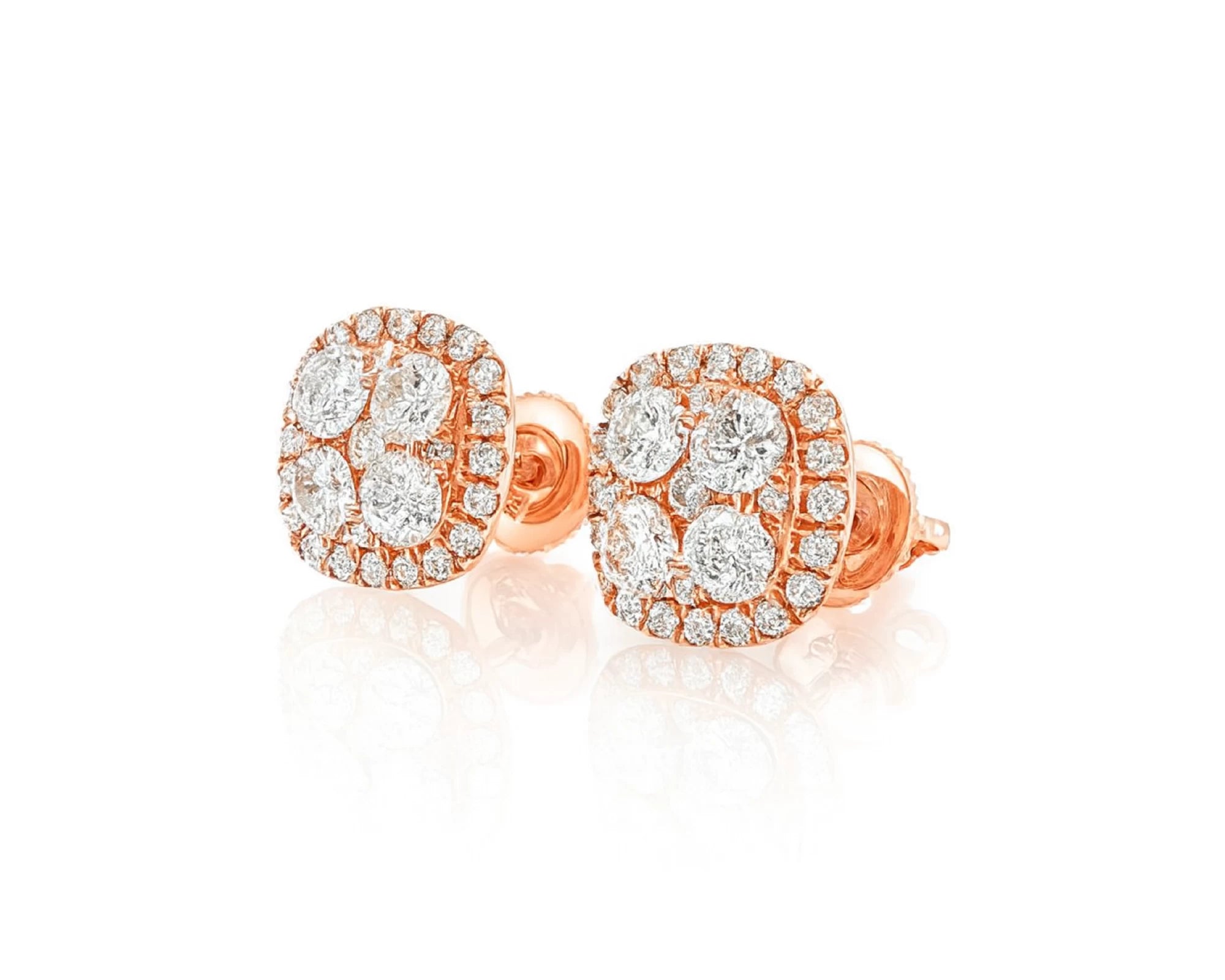 14k Gold Diamond Cushion-Shape Cluster Stud Earrings with Round-Cut Halo 1.00ct – lifestyle 3767