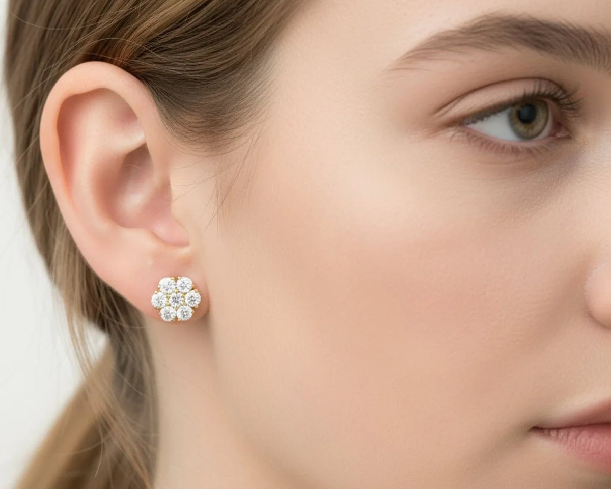 14k Gold Diamond Earrings with Round Cluster Floral Design 1.25ct – view 2