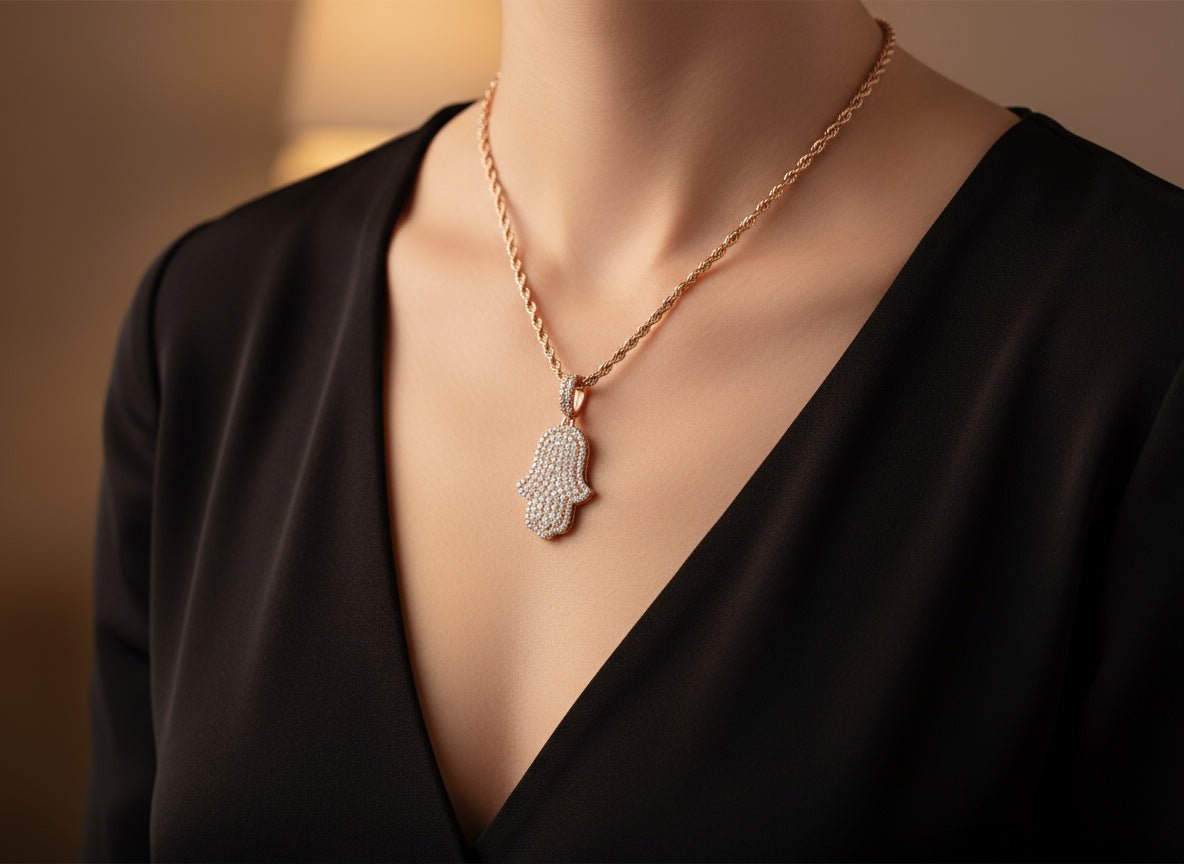 14k Gold Diamond Hamsa Pendant with Full Pave Round - Cut Design 2.19ct - AVI THE JEWELER