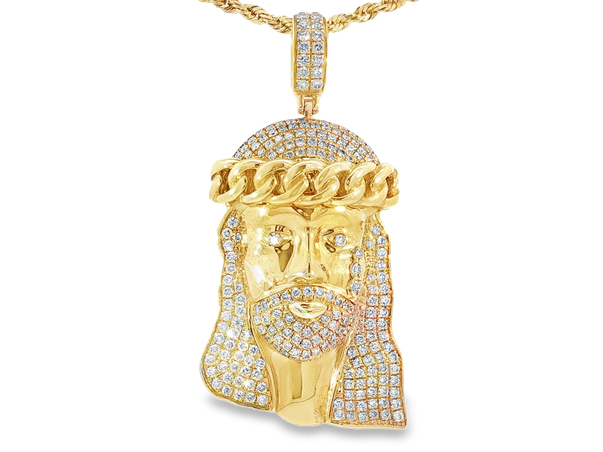 14k Gold Diamond Jesus Face Pendant with Cuban Link Crown 4.0ct - AVI THE JEWELER