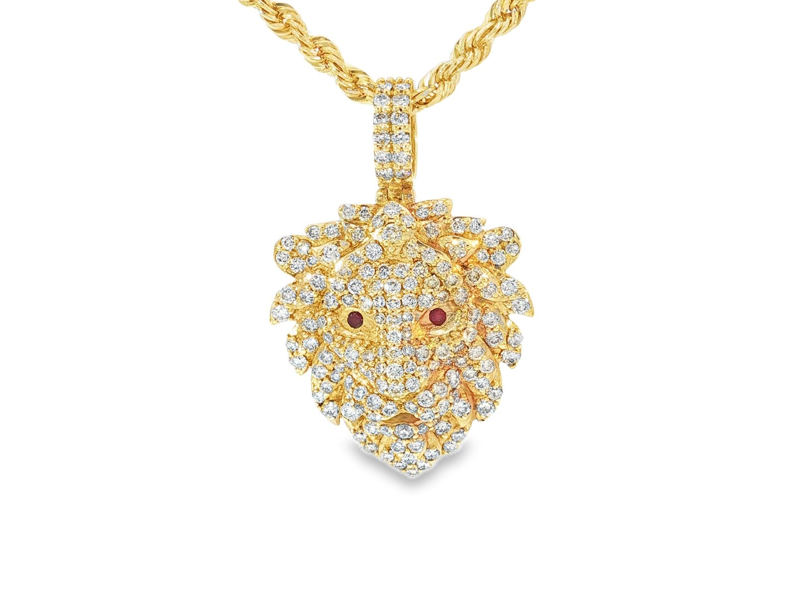 14k Gold Diamond Lion Head Pendant with Ruby Eyes 2.45ct - AVI THE JEWELER