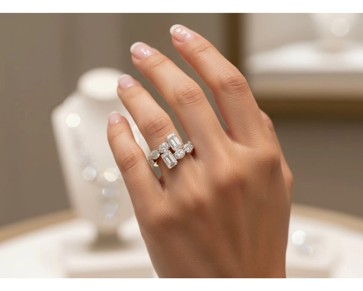 14k Gold Diamond Open Ring with Dual Emerald-Cut & Round 4.22ct – view 2