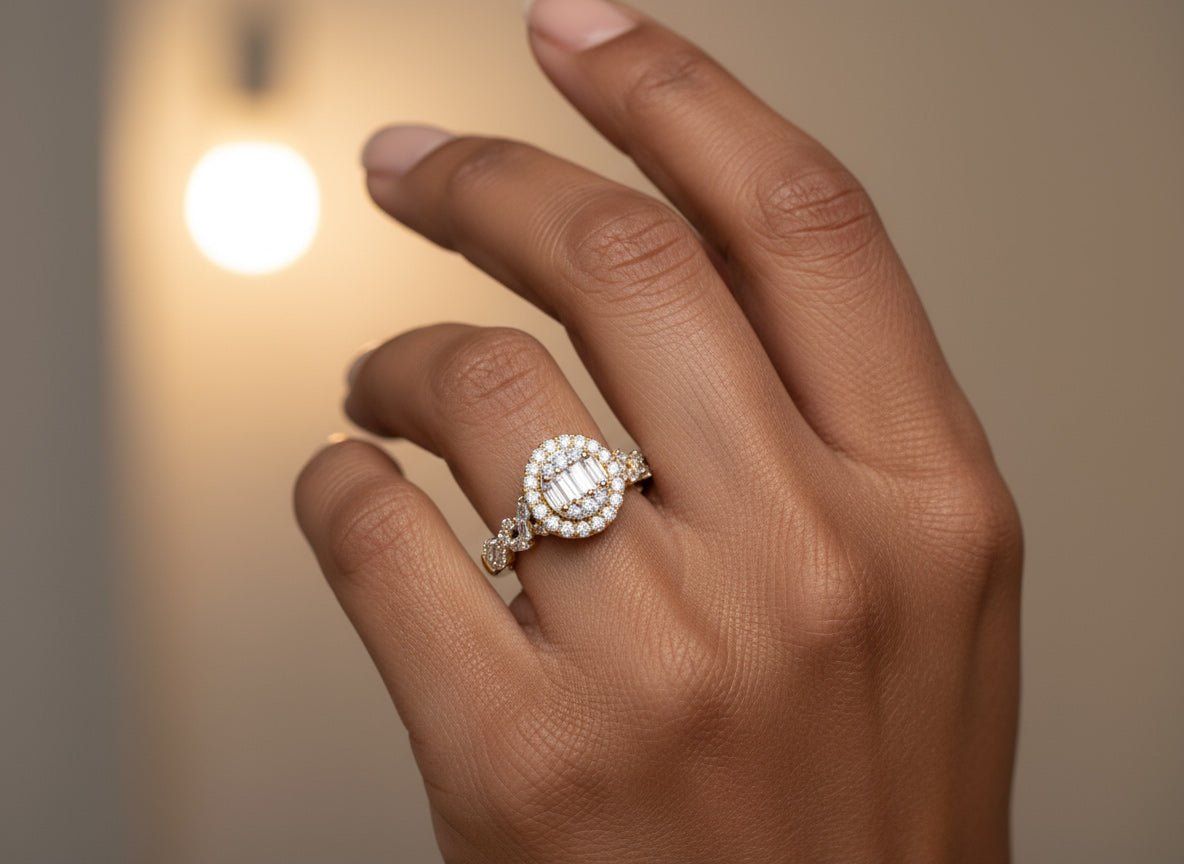 14k Gold Diamond Oval Halo Ring with Baguette & Round Cluster 0.90ct - AVI THE JEWELER