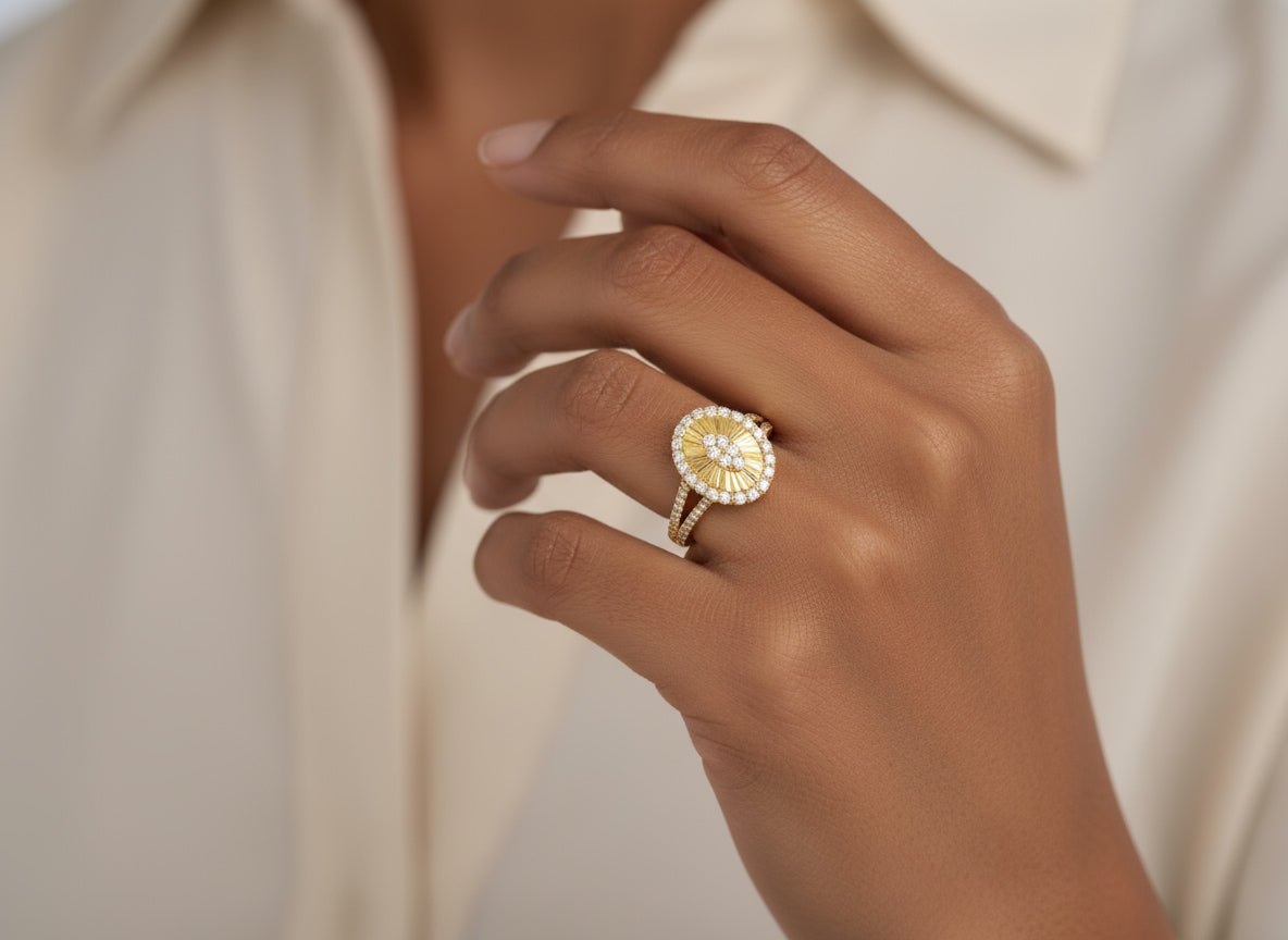 14k Gold Diamond Oval Halo Ring with Radiant Sunburst Design 0.60ct - AVI THE JEWELER