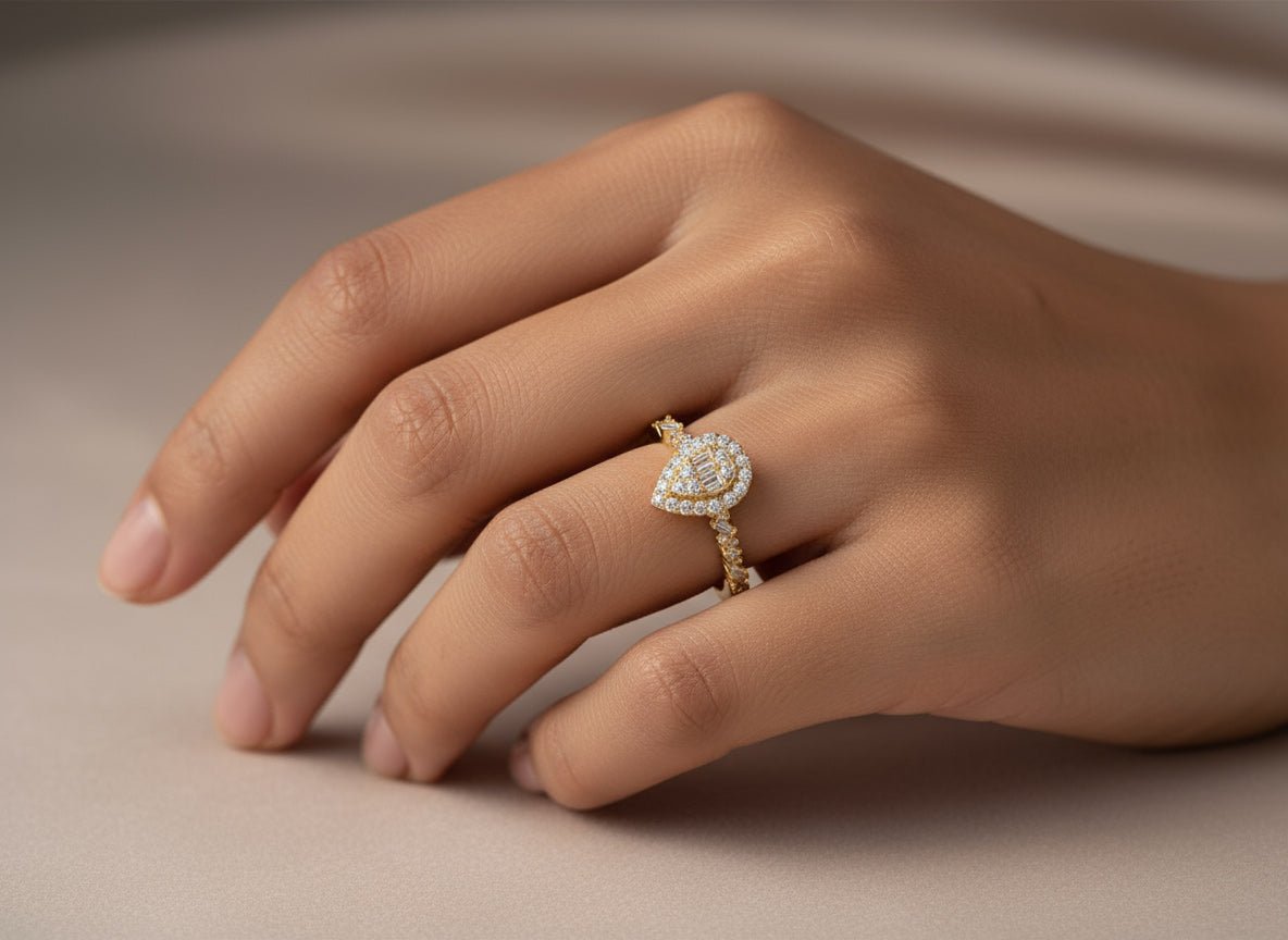 14k Gold Diamond Pear - Shaped Halo Ring with Baguette Center 0.60ct - AVI THE JEWELER