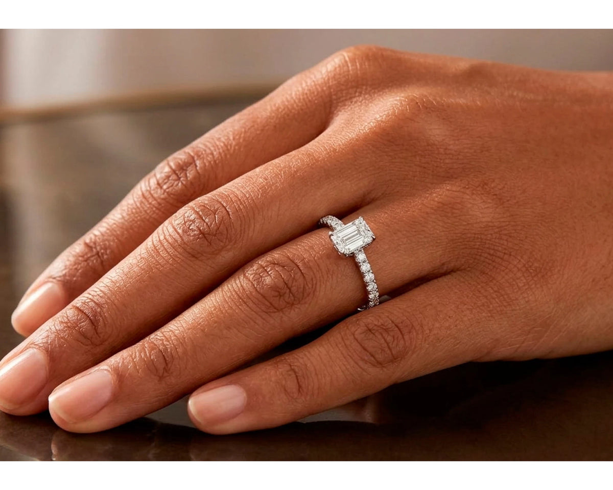 14k Gold Diamond Ring with Emerald-Cut Center and Pavé Band 0.90 CT – view 2