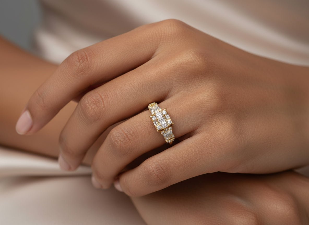 14k Gold Diamond Ring with Rectangular Baguette Cluster & Round 0.90ct - AVI THE JEWELER