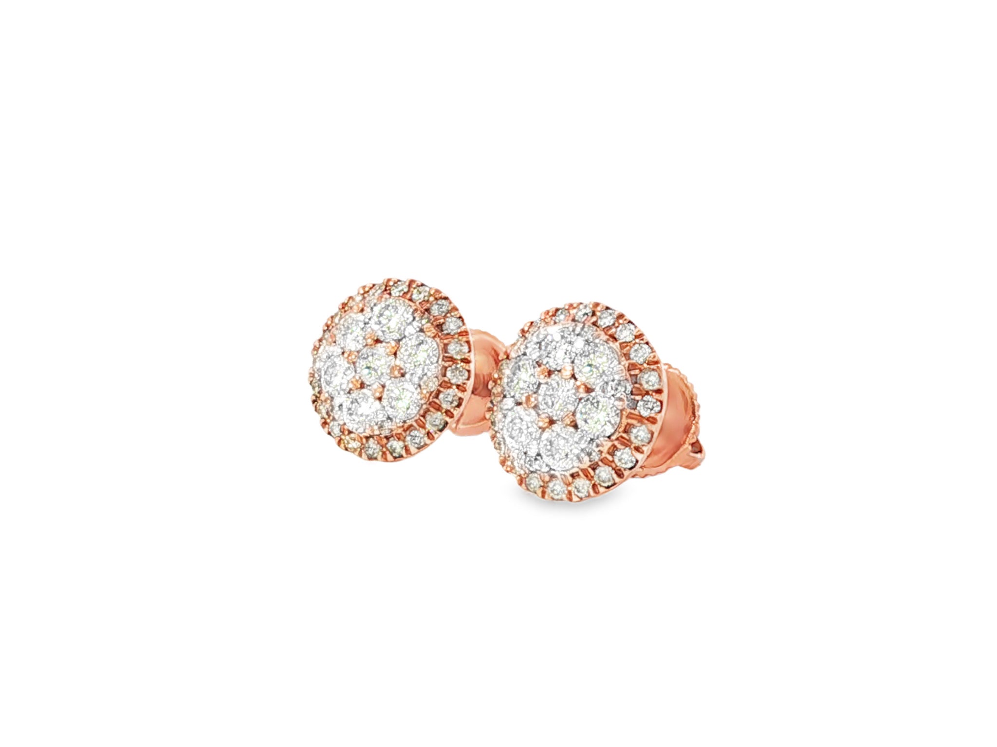 14k Gold Diamond Round Cluster Earrings with Halo Double Row Design 1.03ct - AVI THE JEWELER