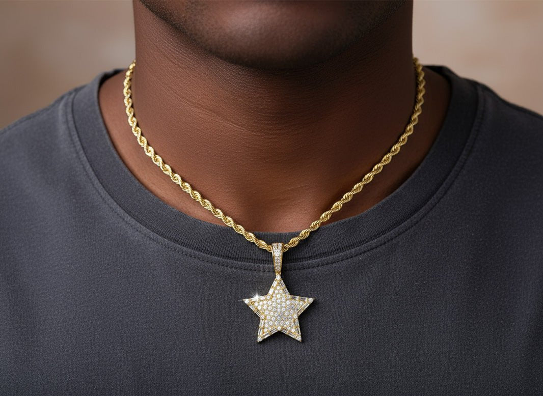 14k Gold Diamond Star Pendant with Round & Baguette Accents 1.75ct - AVI THE JEWELER