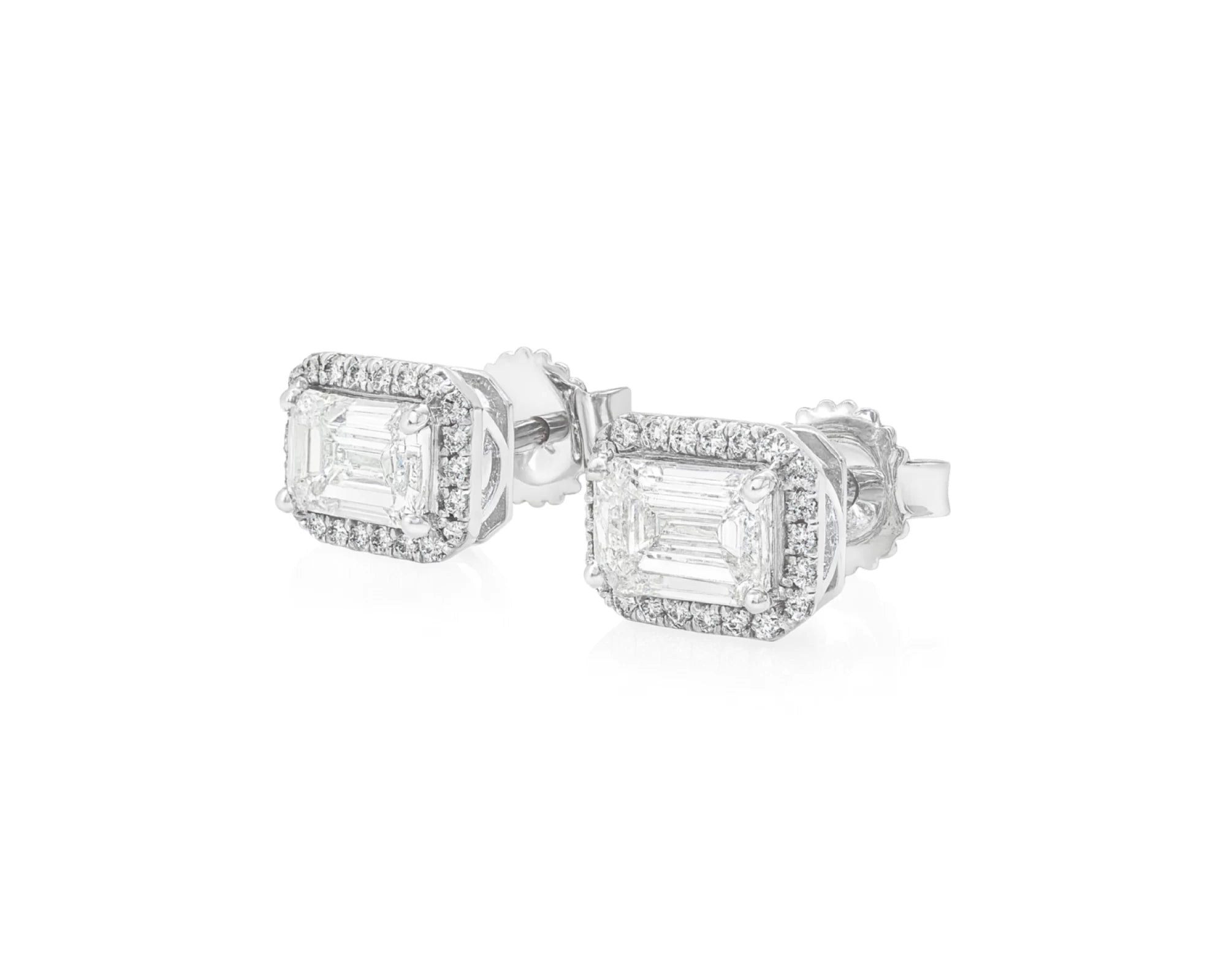 14k Gold Diamond Stud Earrings with Emerald-Cut Center & Halo Design 2.50ct – lifestyle 3328