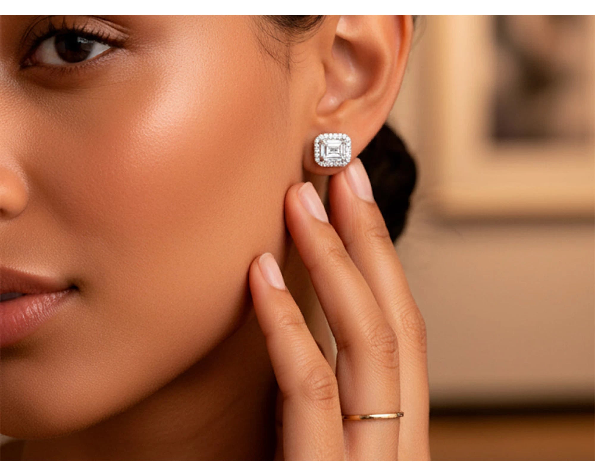 14k Gold Diamond Stud Earrings with Emerald-Cut Center & Halo Design 2.50ct – view 2