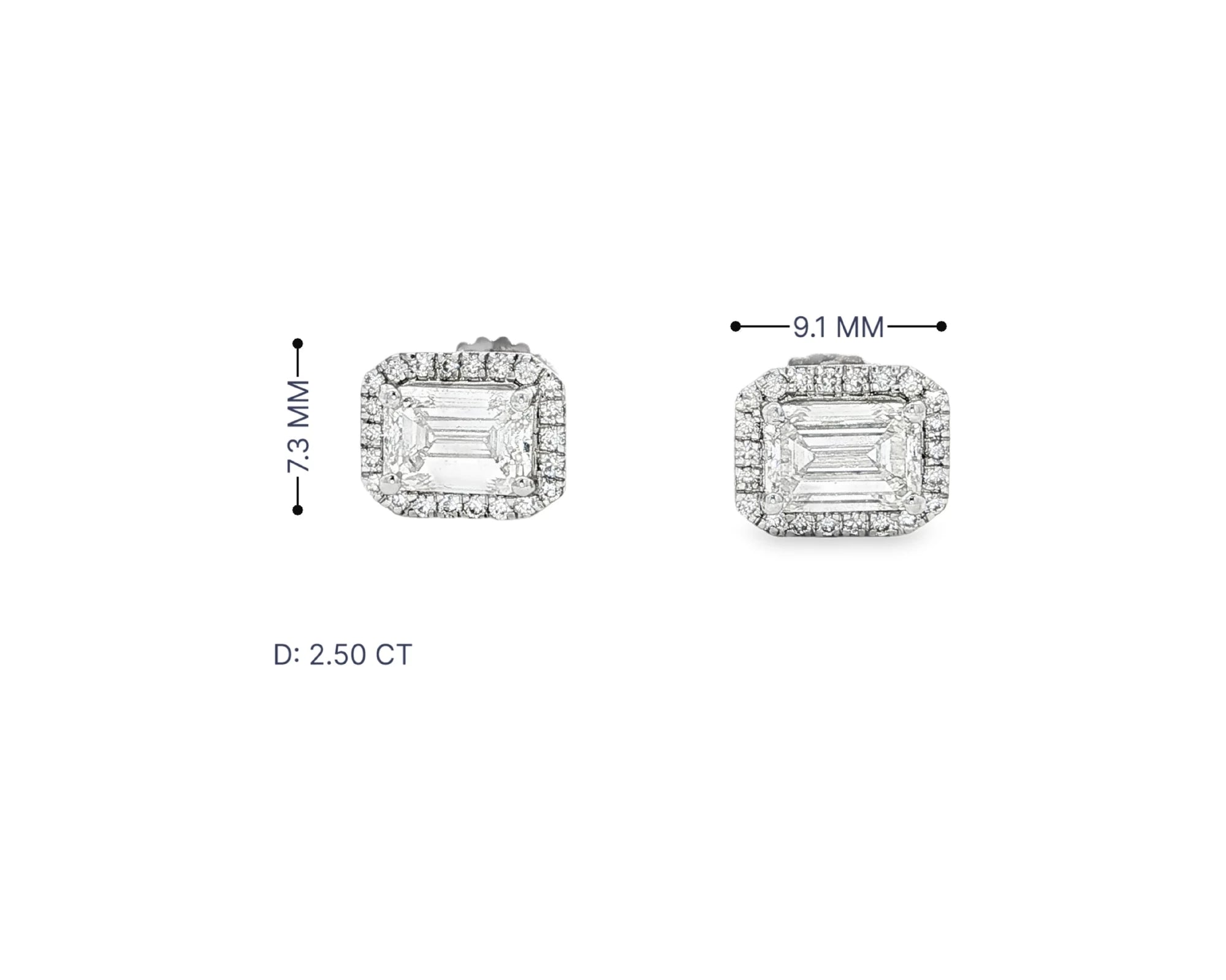 14k Gold Diamond Stud Earrings with Emerald-Cut Center & Halo Design 2.50ct – view 5