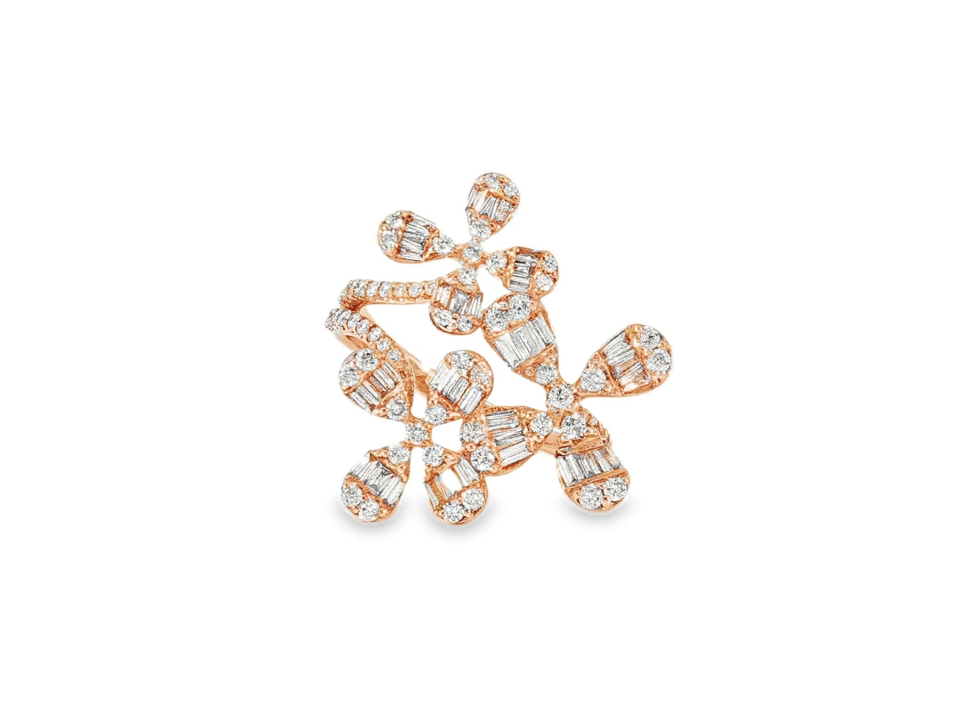 14k Gold Floral Diamond Ring with Baguette and Round Brilliant Cuts 1.35ct - AVI THE JEWELER