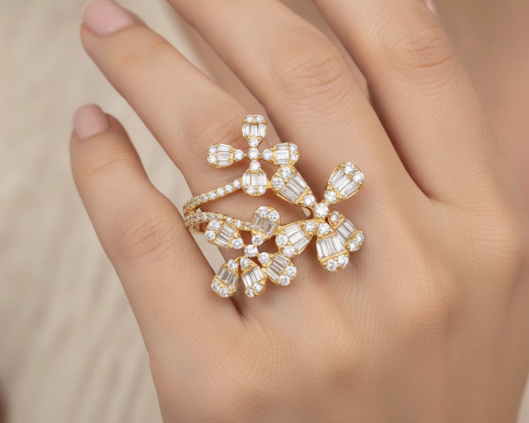 14k Gold Floral Diamond Ring with Baguette and Round Brilliant Cuts 1.35ct – lifestyle 1426