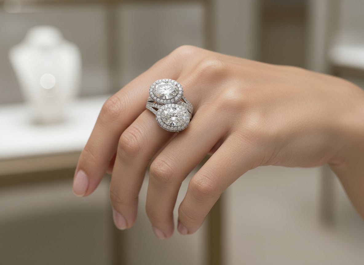 14k Oval Double Halo Split - Shank Engagement Ring 5.14 CT - AVI THE JEWELER