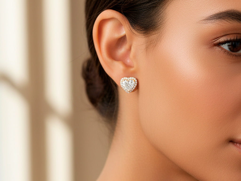 14k Gold Diamond Heart-Shaped Stud Earrings with Halo Design 3.65c