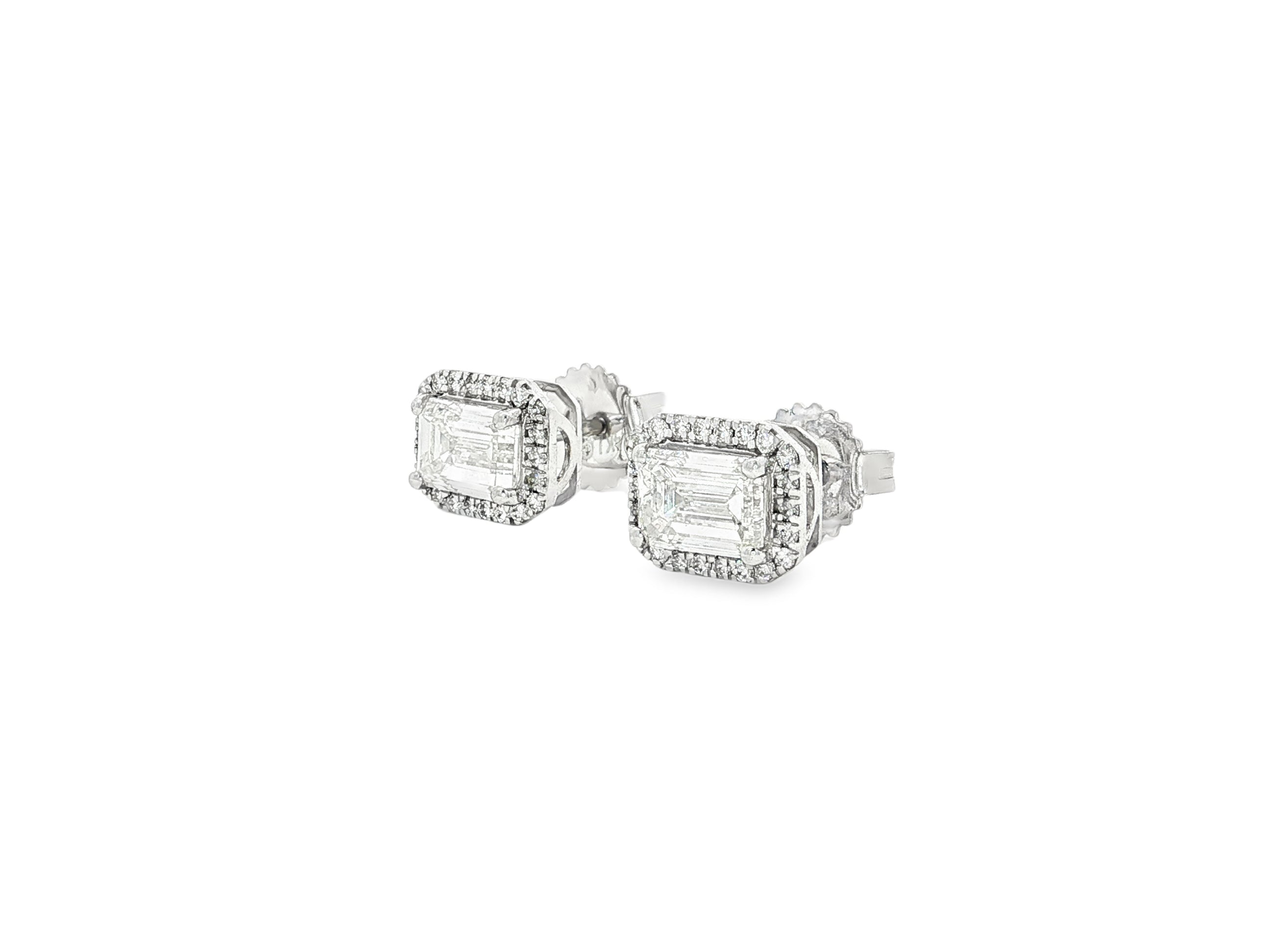 14k Gold Diamond Stud Earrings with Emerald-Cut Center & Halo Design 2.50ct