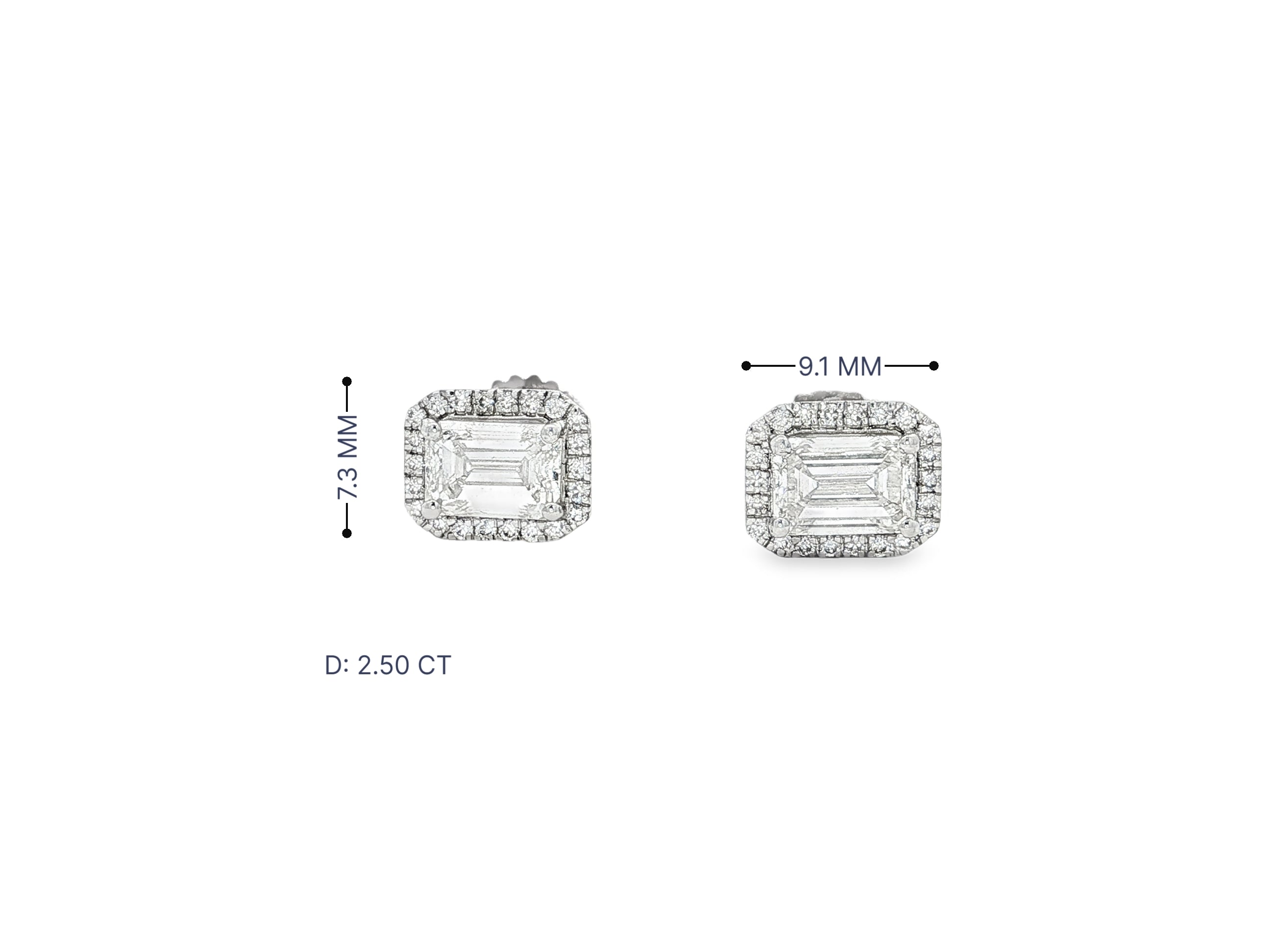 14k Gold Diamond Stud Earrings with Emerald-Cut Center & Halo Design 2.50ct