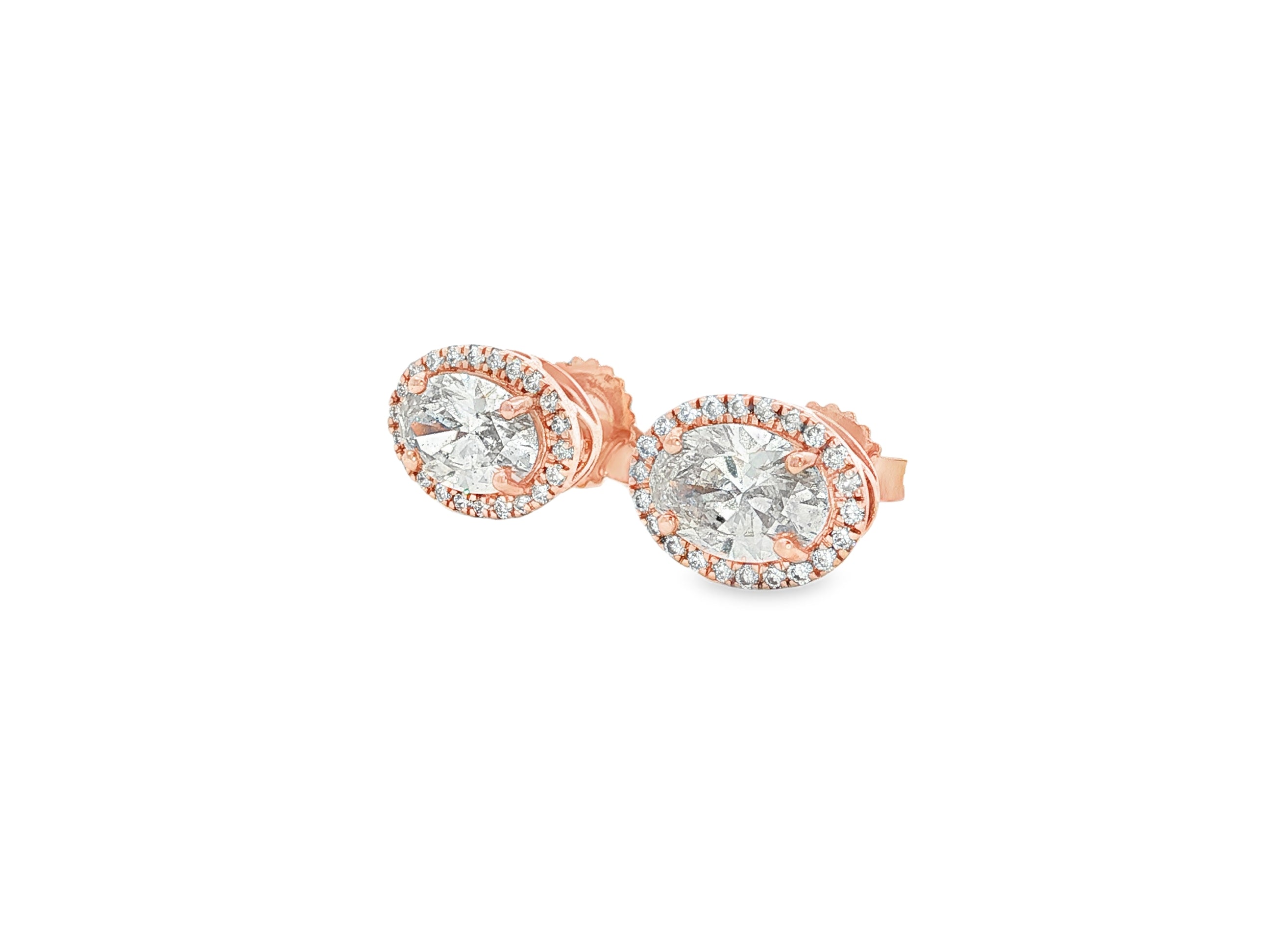 14k Gold Diamond Stud Earrings with Oval-Cut Center & Halo Design 2.50ct
