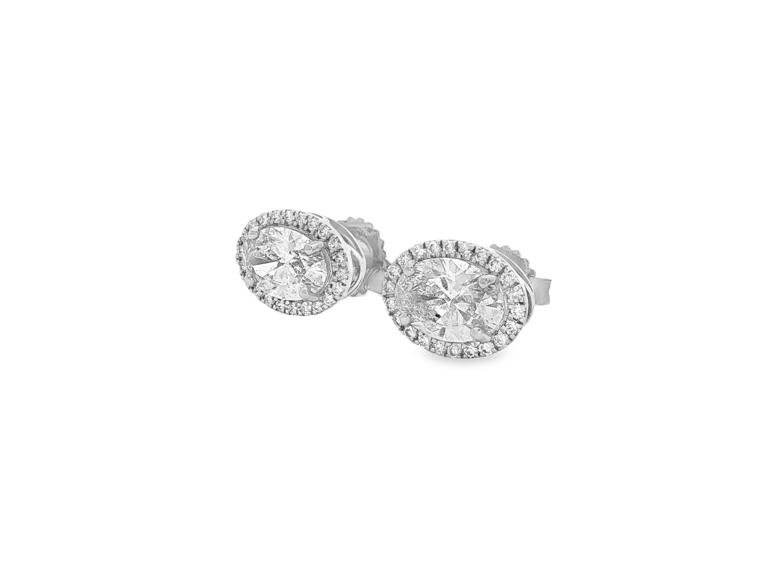 14k Gold Diamond Stud Earrings with Oval-Cut Center & Halo Design 2.50ct