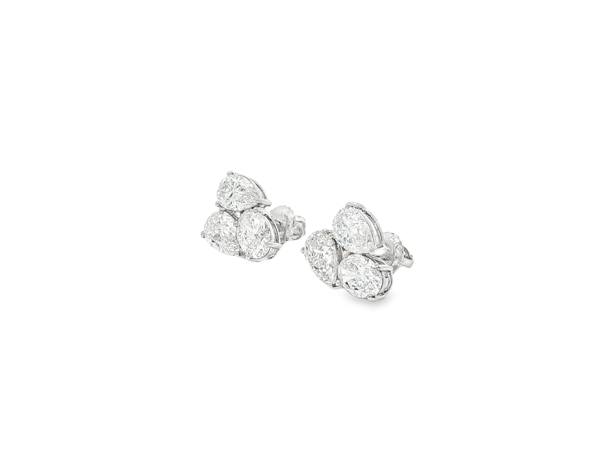 14k Gold Diamond Stud Earrings with Pear & Round-Cut Cluster Design 2.55ct