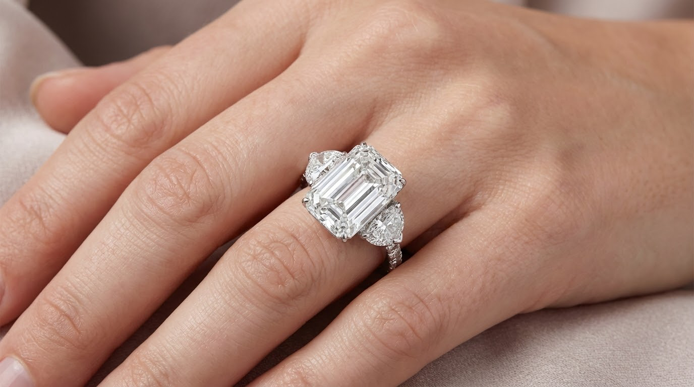 14k Emerald Cut Three Stone Engagement Ring - VS1 with 10.70ct