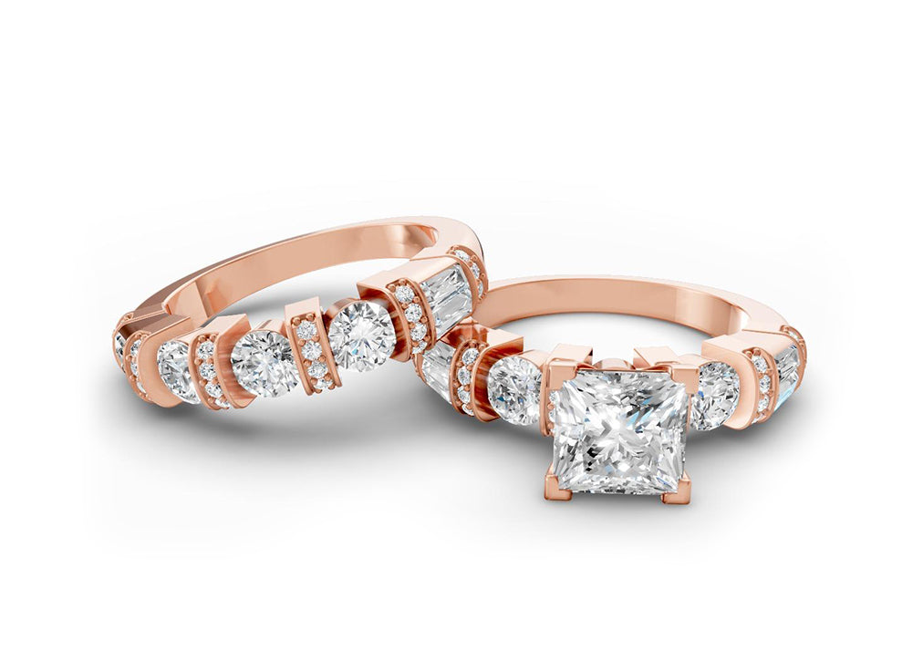 14K Gold Diamond Bridal Ring Set with Princess-Cut Center & Accent Bands 4.00ct