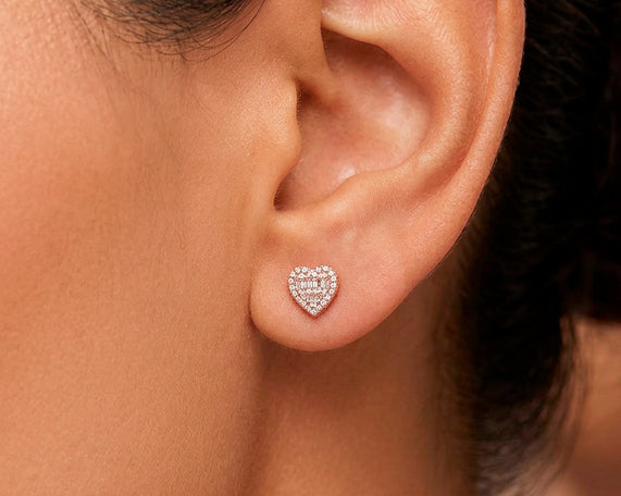 10K Gold Diamond Heart Stud Earrings with Baguette & Round Pavé 0.66ct